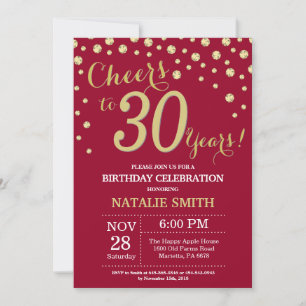 Convites Diamante Vermelho Borgonha e Dourado Aniversário d
