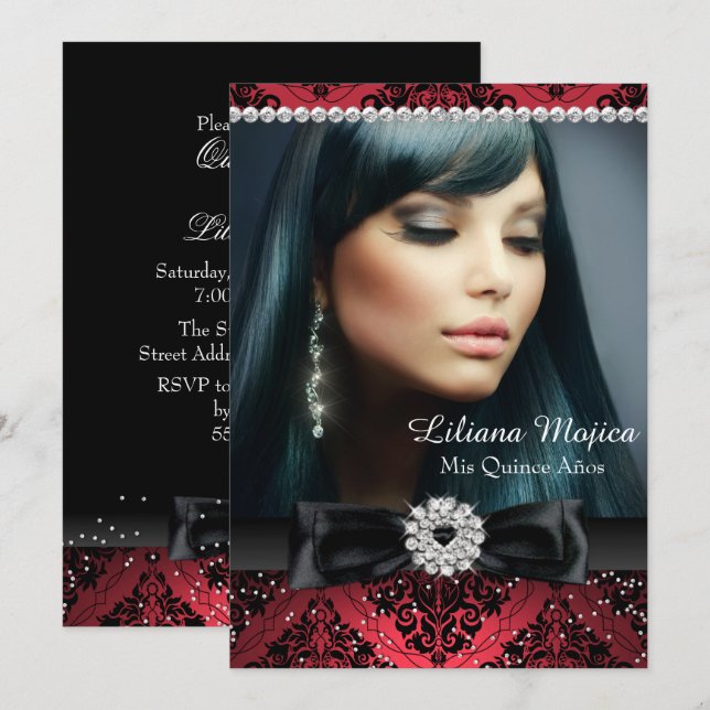 Convites Diamante Vermelho Preto Laço Damasko Quinceanera (Frente/Verso)