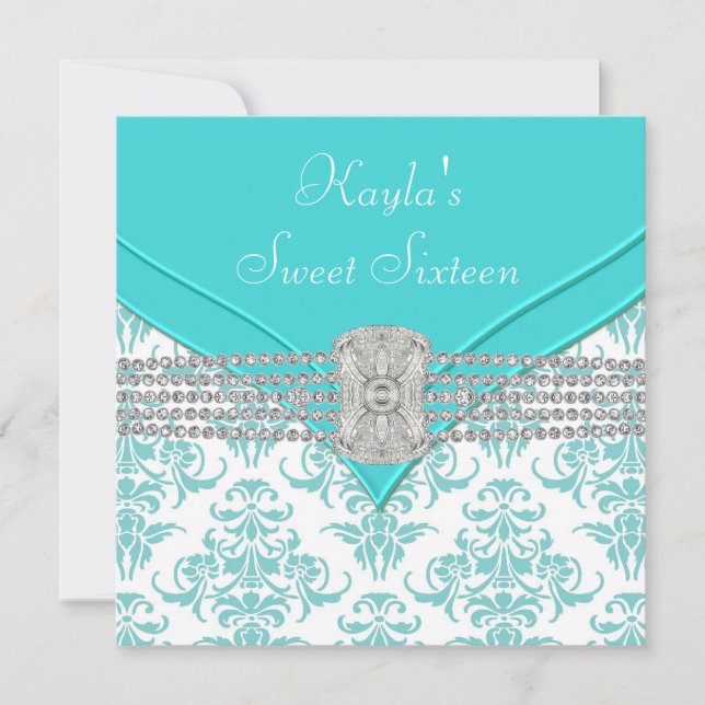 Convites Diamantes Azul Turquesa Damask Aniversário de Swee (Frente)