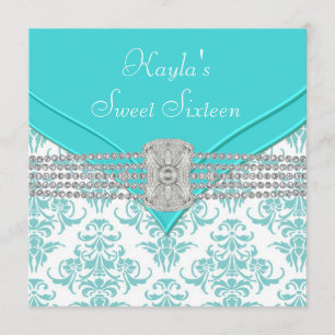 Convites Diamantes Azul Turquesa Damask Aniversário de Swee