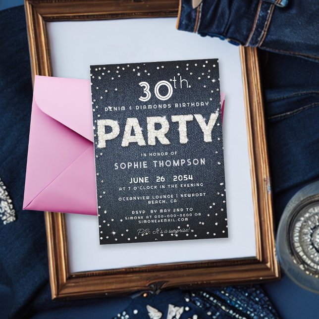 Convites Diamantes Blue Denim Brilham Qualquer Festa de ani (Denim and Diamonds 30th Birthday Party Invitation for Women Classy Rhinestones Dropes Bling Party)