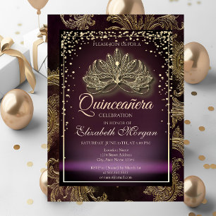 Convites Diamantes Borgonha Floral Damasco Quinceañera
