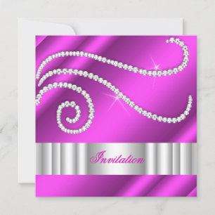 Convites Diamantes Branco Rosa Quente Prata Aniversário