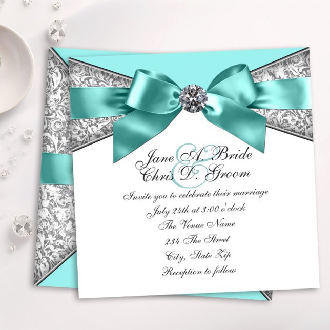 Convites Diamantes Brancos Casamento Azul Teal (Elegant teal blue diamond wedding invitation. )