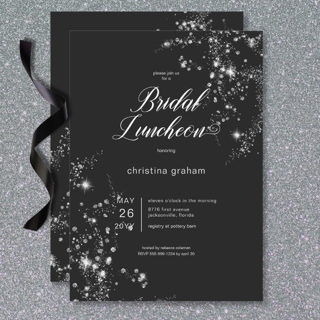 Convites Diamantes Brancos Negros Modernos e Glam Bridos (Modern Black & White Glam Diamonds Bridal Luncheon Invitation)
