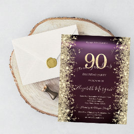 Convites Diamantes Brilho Dourado Borgonha Aniversário de 9