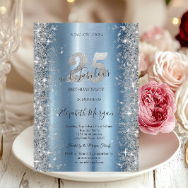 Convites Diamantes Brilho Prateado Azul 25º Aniversário