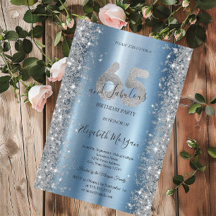 Convites Diamantes Brilho Prateado Azul 65º Aniversário