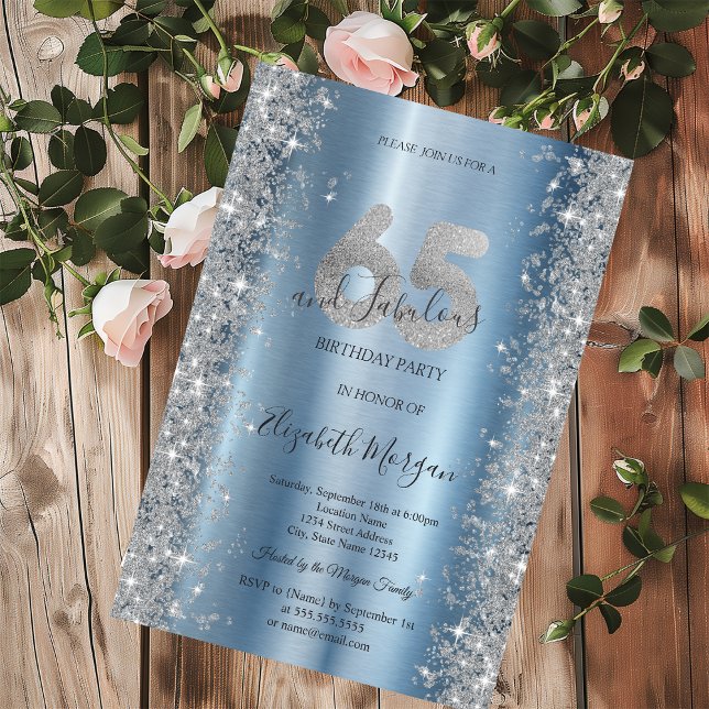 Convites Diamantes Brilho Prateado Azul 65º Aniversário (Criador carregado)
