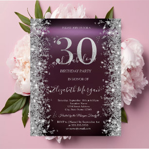 Convites Diamantes Brilho Prateado Borgonha 30º Aniversário