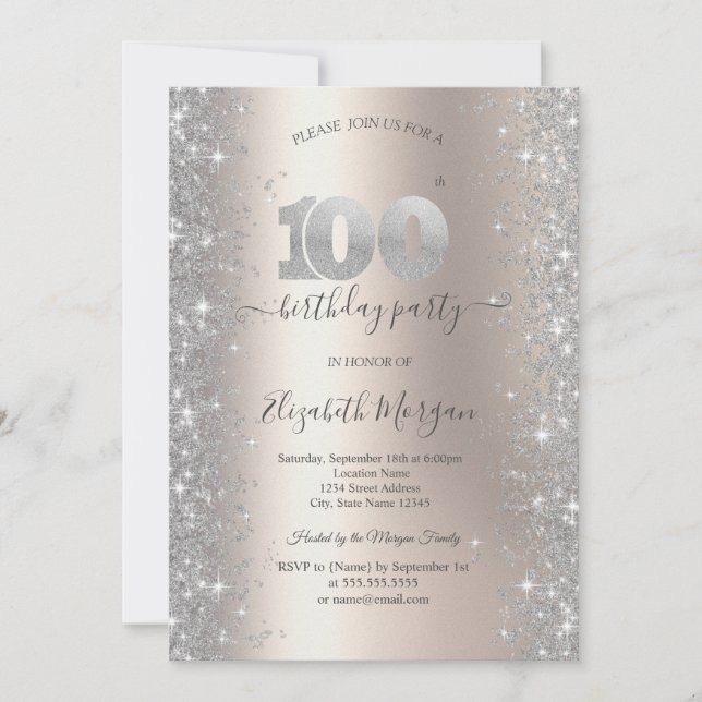 Convites Diamantes Brilho Prateado Marfim 100º Aniversário (Frente)