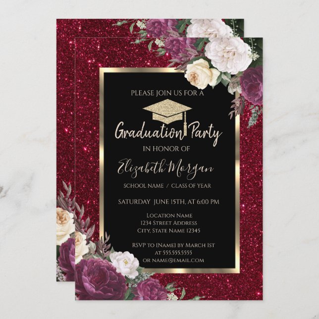 Convites Diamantes Burgundy Flores Vermelhas, Graduação (Frente/Verso)