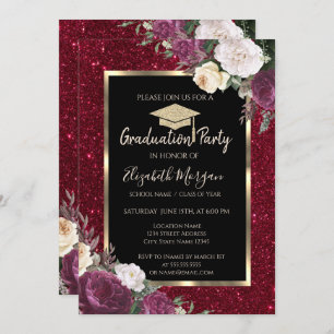Convites Diamantes Burgundy Flores Vermelhas, Graduação