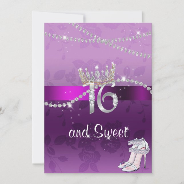 Convites Diamantes Coroa Saltos Altos Sweet Sixteen Roxo (Frente)