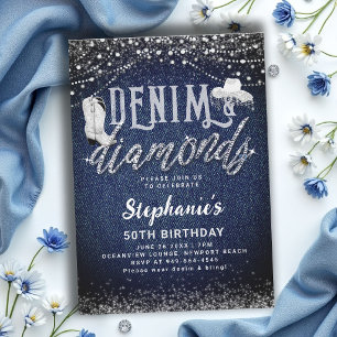 Convites Diamantes de Denim Cowgirl Rústico Chic 50º Aniver