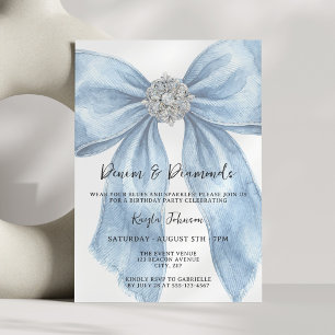 Convites Diamantes de Denim Elegante Laço Aquarela Azul