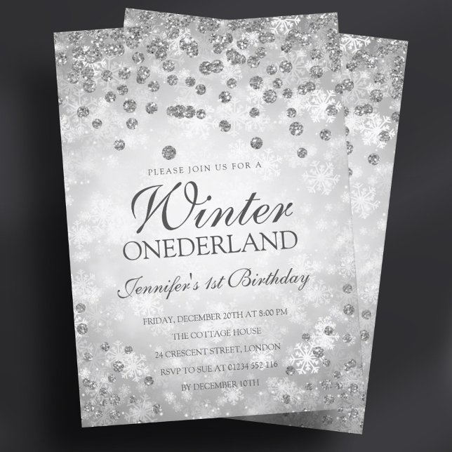 Convites Diamantes de inverno de prata e brilho | PRIMEIRO  (Silver Winter Diamonds & Glitter | 1st Birthday Invitation)