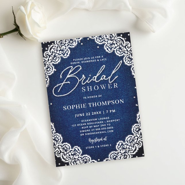 Convites Diamantes de Jeans e Renda Chá de Noiva Azul Elega (denim diamonds and lace bridal shower invitations template blue and white elegant classy modern)