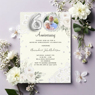 Convites Diamantes de marfim florais 60º aniversário de cas