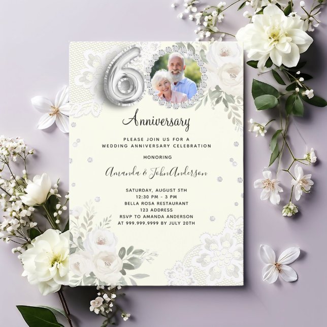 Convites Diamantes de marfim florais 60º aniversário de cas (Criador carregado)