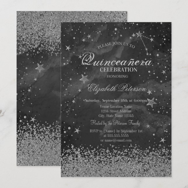 Convites Diamantes de Ouro Modernos Estrelas Cinza Quinceañ (Frente/Verso)