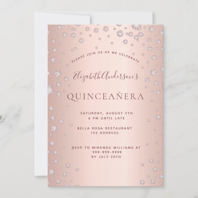Convites Diamantes de ouro rosa Quinceanera (Frente)