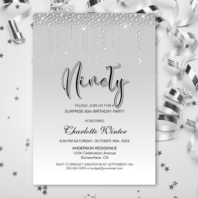 Convites Diamantes de Prata Glamorosos Surpresa 90 Aniversá (Criador carregado)
