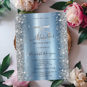 Convites Diamantes de Prata Sparkle Azul 75º Aniversário