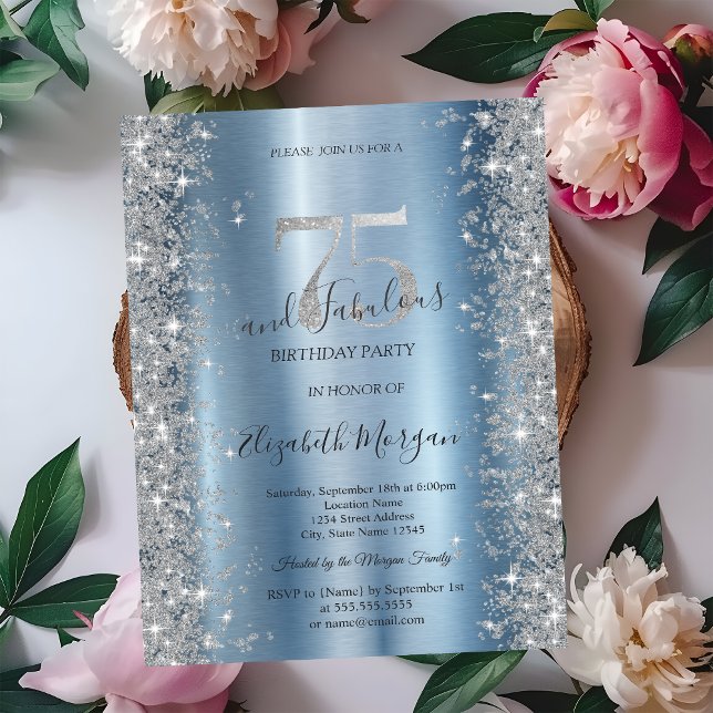 Convites Diamantes de Prata Sparkle Azul 75º Aniversário (Criador carregado)