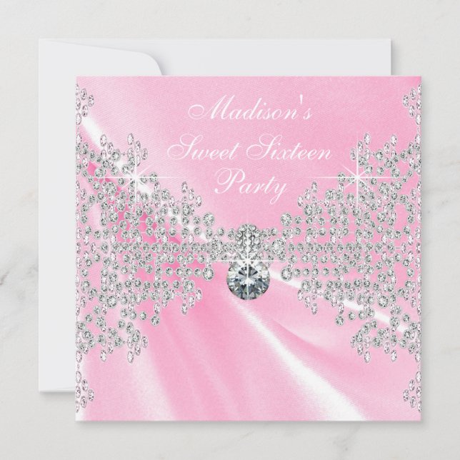Convites Diamantes de Satin Rosa Cor-de-rosa Doce 16 Festa  (Frente)