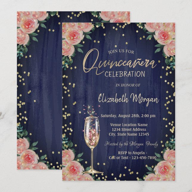 Convites Diamantes de Taça de Champanhe Flores Quinceañera (Frente/Verso)