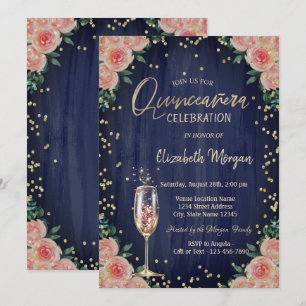 Convites Diamantes de Taça de Champanhe Flores Quinceañera