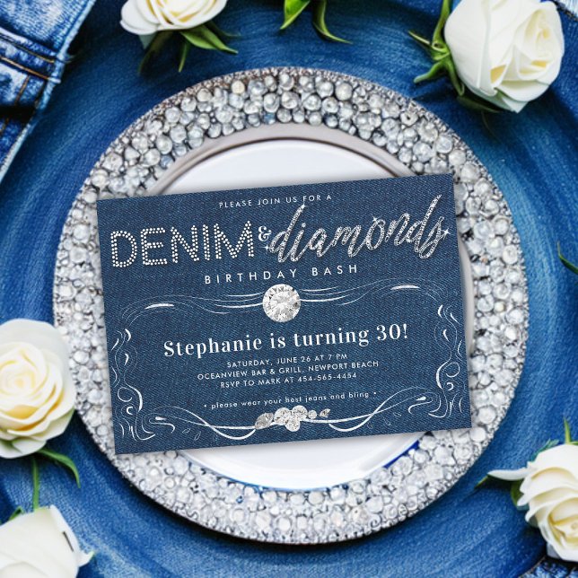 Convites Diamantes Denim Flourish Frame Classy aniversário  (denim and diamonds 30th birthday party classy modern simple whimsical flourish script hand written )