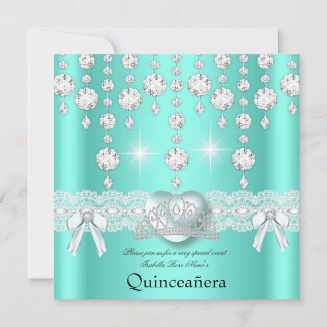 Convites Diamantes do Coração de Silver Teal de Quinceanera (Frente)