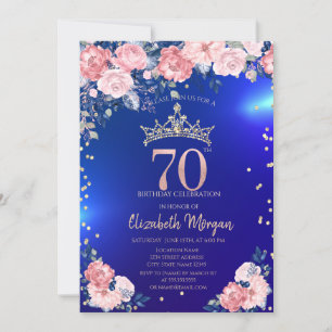 Convites Diamantes Dourados de Tiara Flores Azuis 70 Aniver