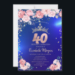 Convites Diamantes Dourados de Tiara Flores Azul aniversári<br><div class="desc">Dourada tiara,  rosas e diamantes num fundo azul.</div>