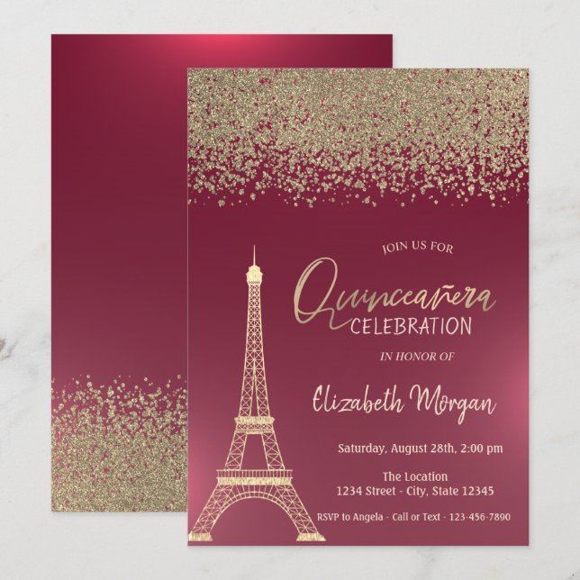 Convites Diamantes Dourados,Eiffel Tower Red Quinceanera (Frente/Verso)