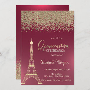 Convites Diamantes Dourados,Eiffel Tower Red Quinceanera