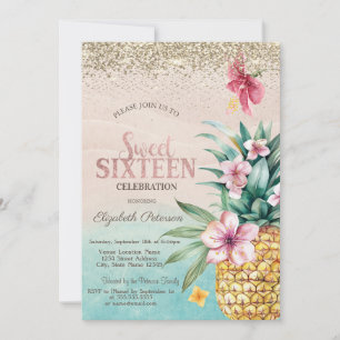 Convites Diamantes Dourados,Floral Pineapple Beach Sweet 16