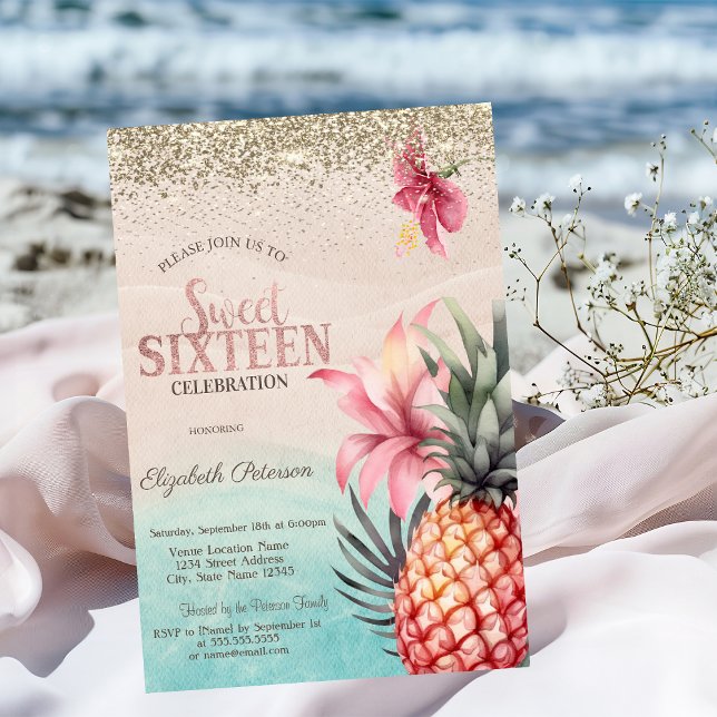 Convites Diamantes Dourados,Hibiscus Pineapple Beach Sweet  (Criador carregado)