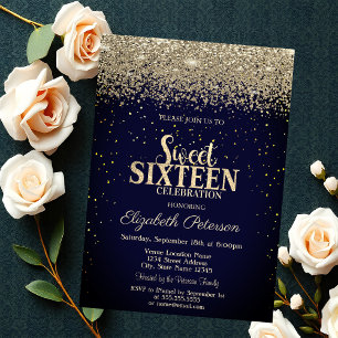 Convites Diamantes Dourados modernos Confetti Blue Sweet 16