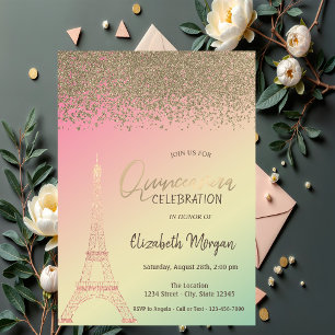 Convites Diamantes Dourados,Torre Eiffel Ombre Quinceañera