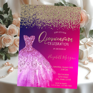 Convites Diamantes Dourados, Vestido Chic Elegante Quinceañ
