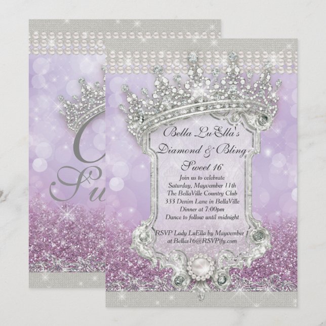 Convites Diamantes e Bling Sweet 16 Quince Invtions (Frente/Verso)