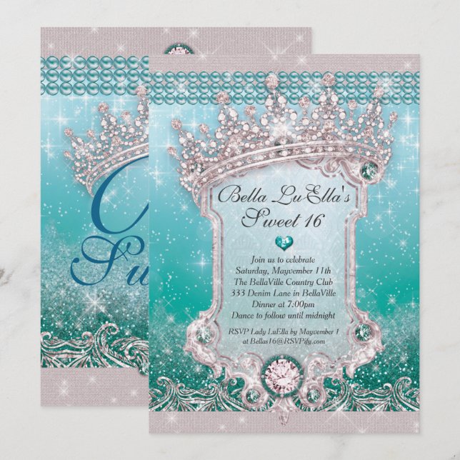 Convites Diamantes e Bling Sweet 16 Quince Invtions (Frente/Verso)