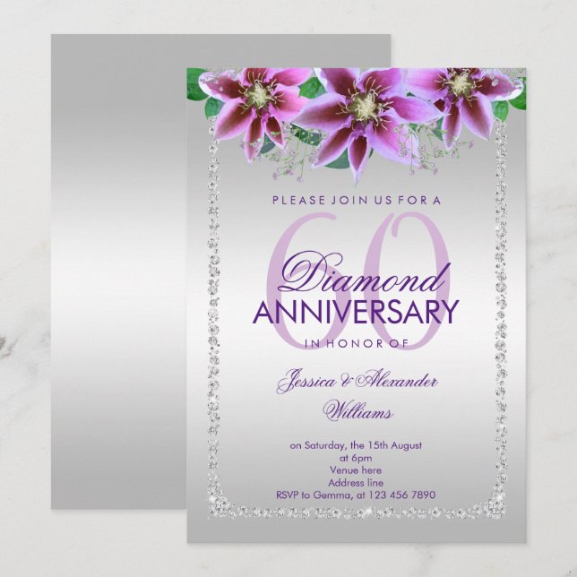Convites Diamantes e Flores Sofisticados 60º Aniversário de (Frente/Verso)