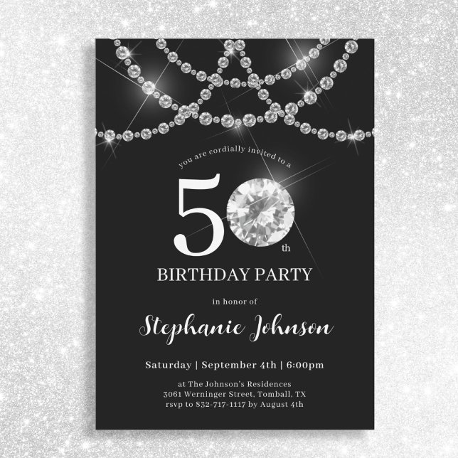 Convites Diamantes Elegantes Black 50th Festa de aniversári (Mockup View)