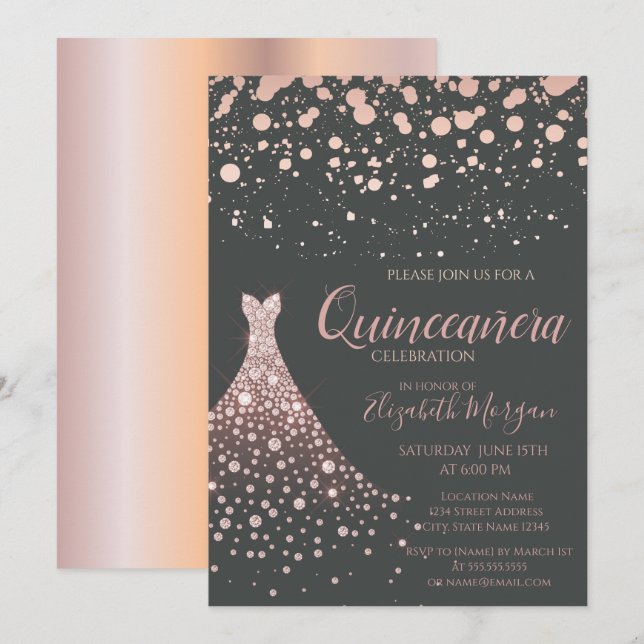 Convites Diamantes Elegantes Dourados Vestidos Quinceañera (Frente/Verso)