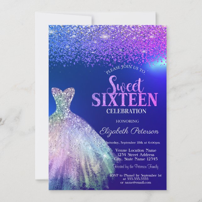 Convites Diamantes Elegantes, Vestido Azul Sweet 16 (Frente)
