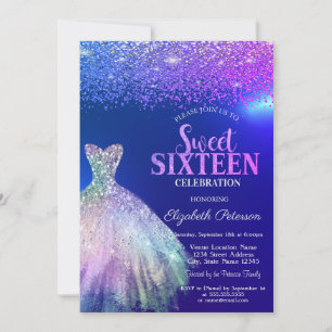 Convites Diamantes Elegantes, Vestido Azul Sweet 16